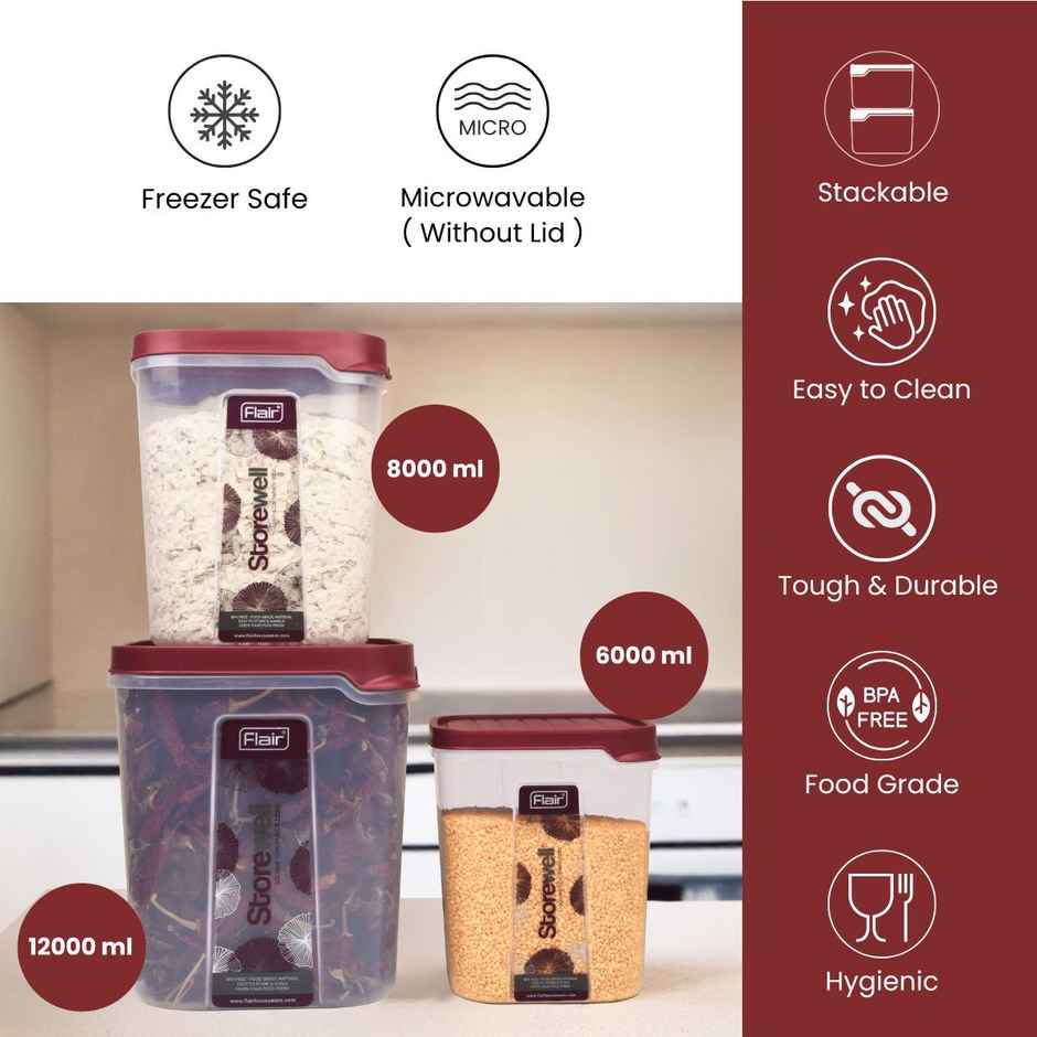 Flair Plastic Storewell Square Food Storage Containers Maroon - Set 3 Pcs (6000Ml,8000 ml,12000 ml)