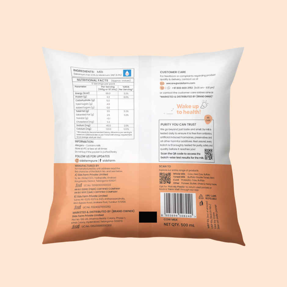 Sid's Farm Tested Cow Milk (No Antibiotics . No Hormones . No Preservatives)