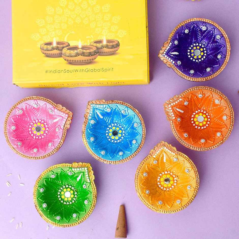 Designer Multicolor Clay Diya | Pack Of 6 | Satvik