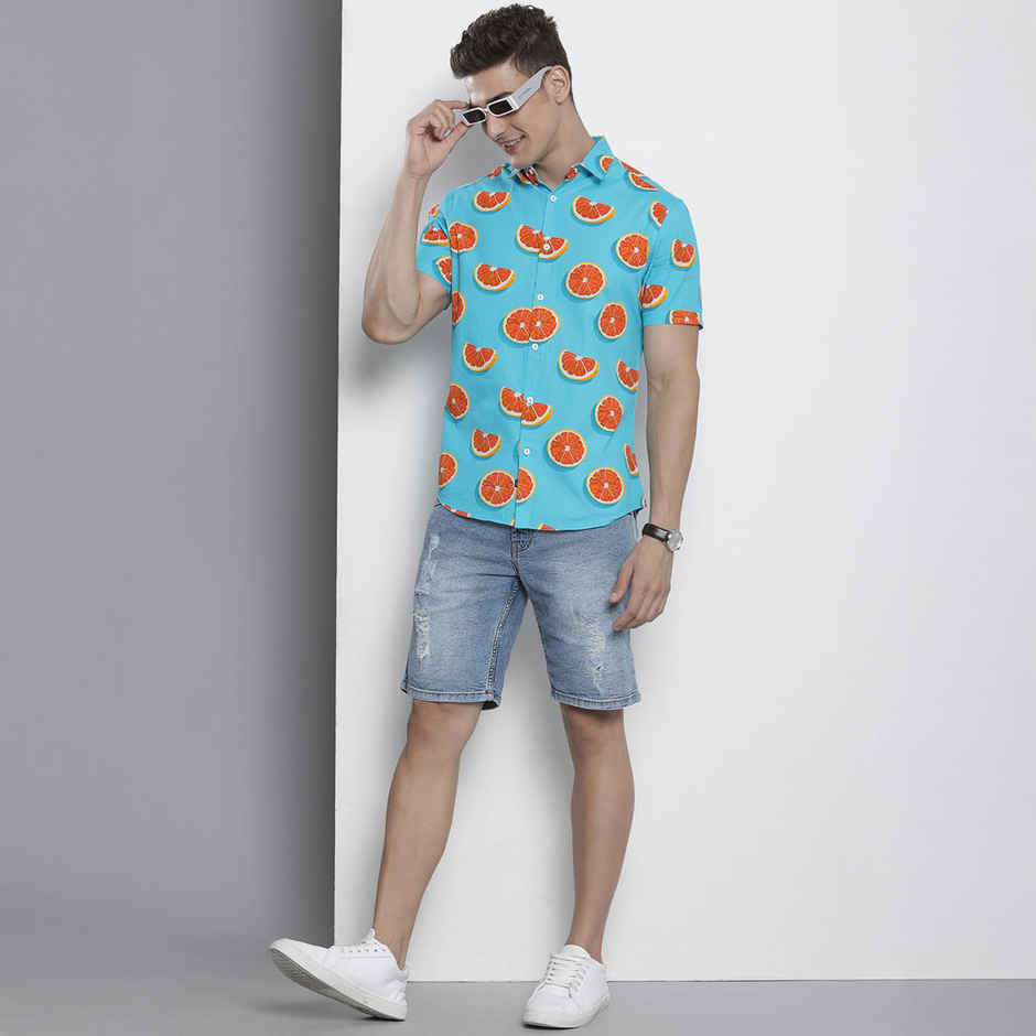 The Indian Garage Co Men's Slim Fit Tropical Casual Half Sleeve Shirt | Turquoise Blue - XL