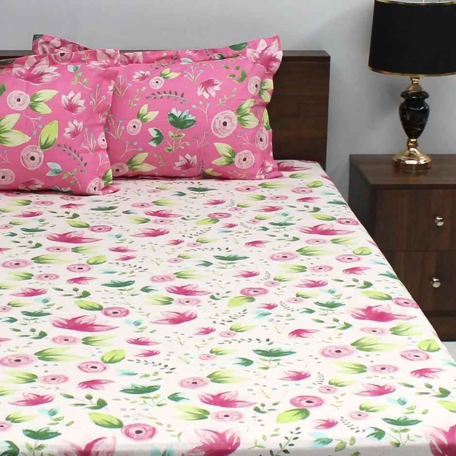 Bombay Dyeing Ivyrose 110 Tc 100% Cotton Queen Bedsheet With 2 Pillow Covers - Pink Olive