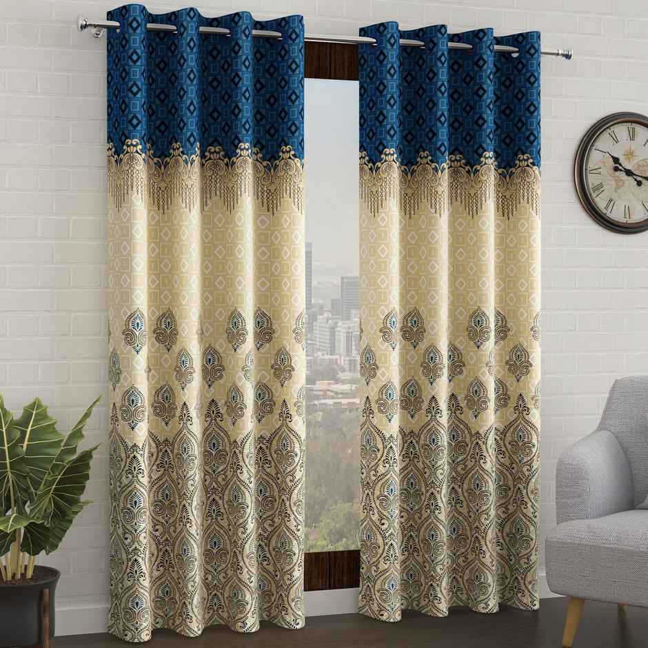 Story@Home 200 GSM Polyester Ethnic 2 Piece Door Curtain | Blue & Ivory