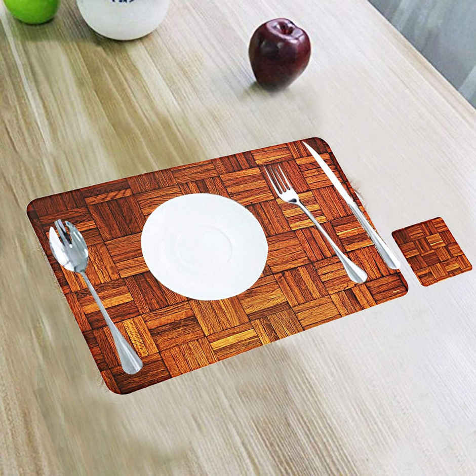 Kuber Industries PVC Wooden Design 6 Piece Dining Table Placemat Set with Tea Coasters|Brown