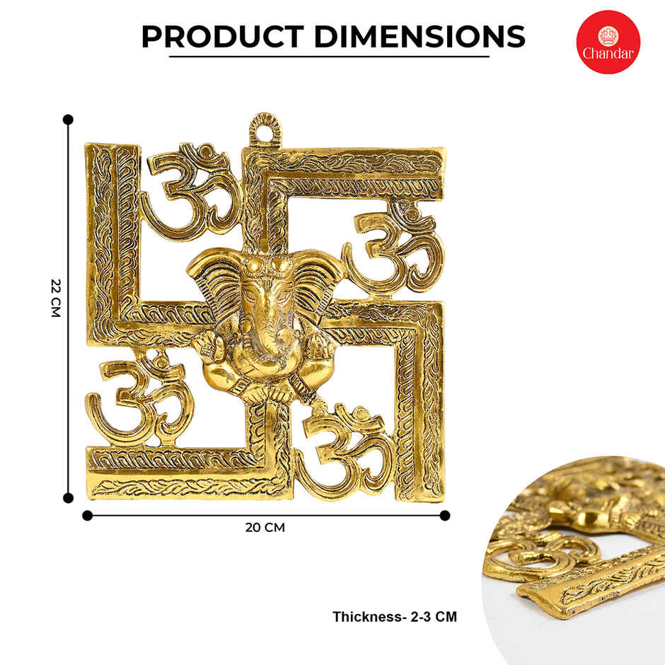 Chandar Swastik With Ganesh Ji Entrance Wall Hanging Golden Metal 21X20 Cm