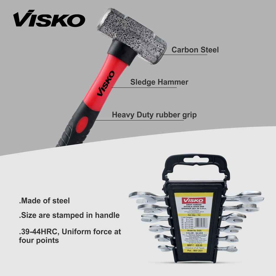 Visko 818 Hand Tools Combo With Screwdrivers | Open End Wrench | Doe Spanner | Sledge Hammer Kit
