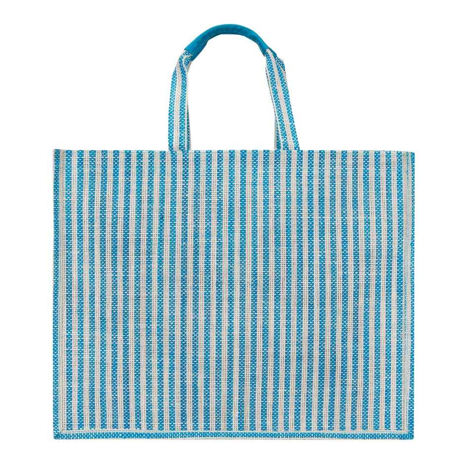 Jute Cottage Carry Bag - Stripe Fabric Zipper Shopping Bag | Eco-friendly | Blue | 14 x 18 x 9