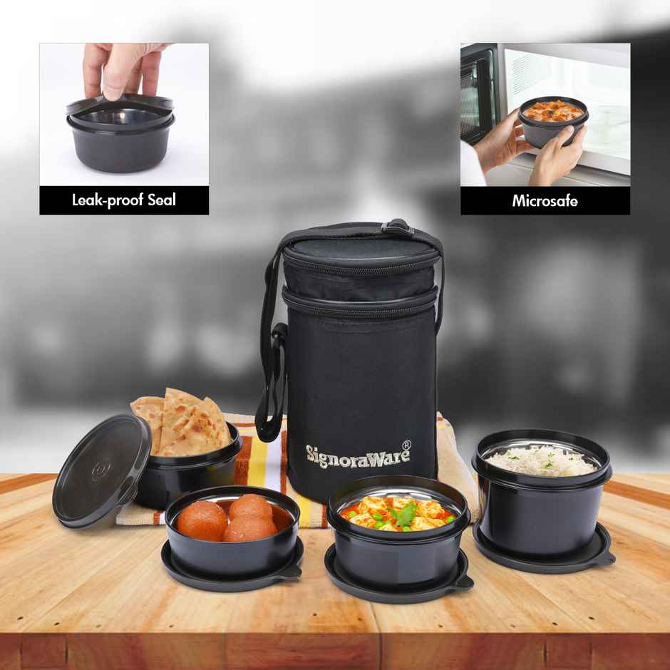 Signoraware Monarch Executive Big Microsafe Steel Lunch Box Food Grade Stainless Steel Black