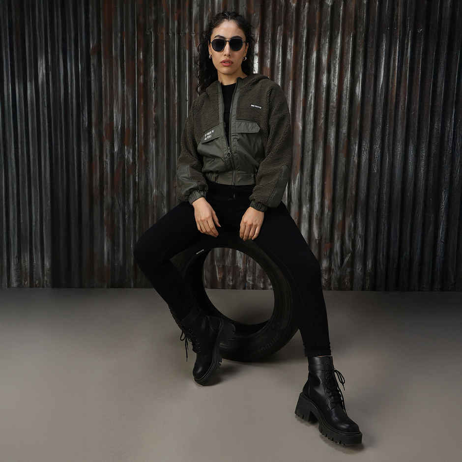 High Star Women's Self Design Hooded Front-Open Crop Sweatshirt | Olive - S