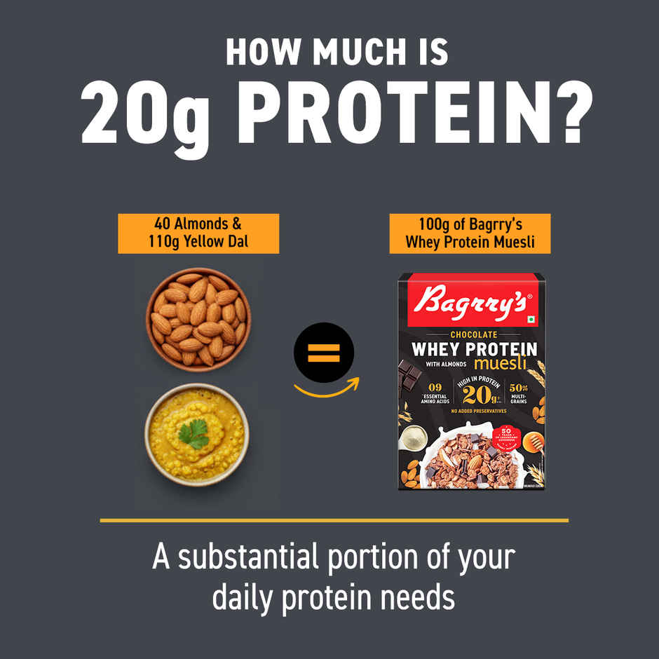 Bagrry's Whey Protein Chocolate Muesli with Almonds | 20g protein | Pure Whole Oats | 500gm carton