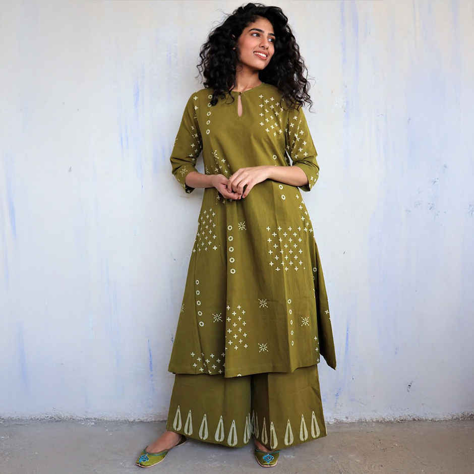 GoSriKi Women's Viscose Rayon Straight Printed Kurta with Palazzo | CHAURYA | Mehandi - M