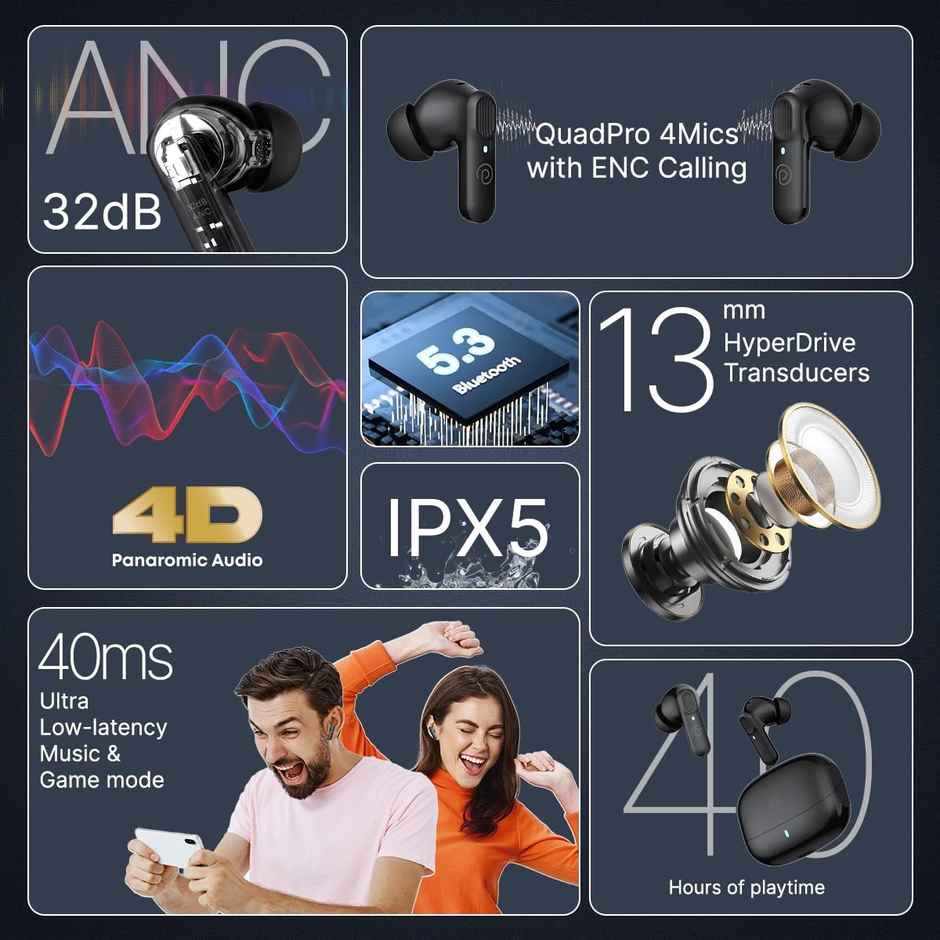 pTron Zenbuds 1 V2 32dB ANC TWS Earbuds | 4 Mic ENC Calls | 40H Playtime | 40 ms Game/Music - Black