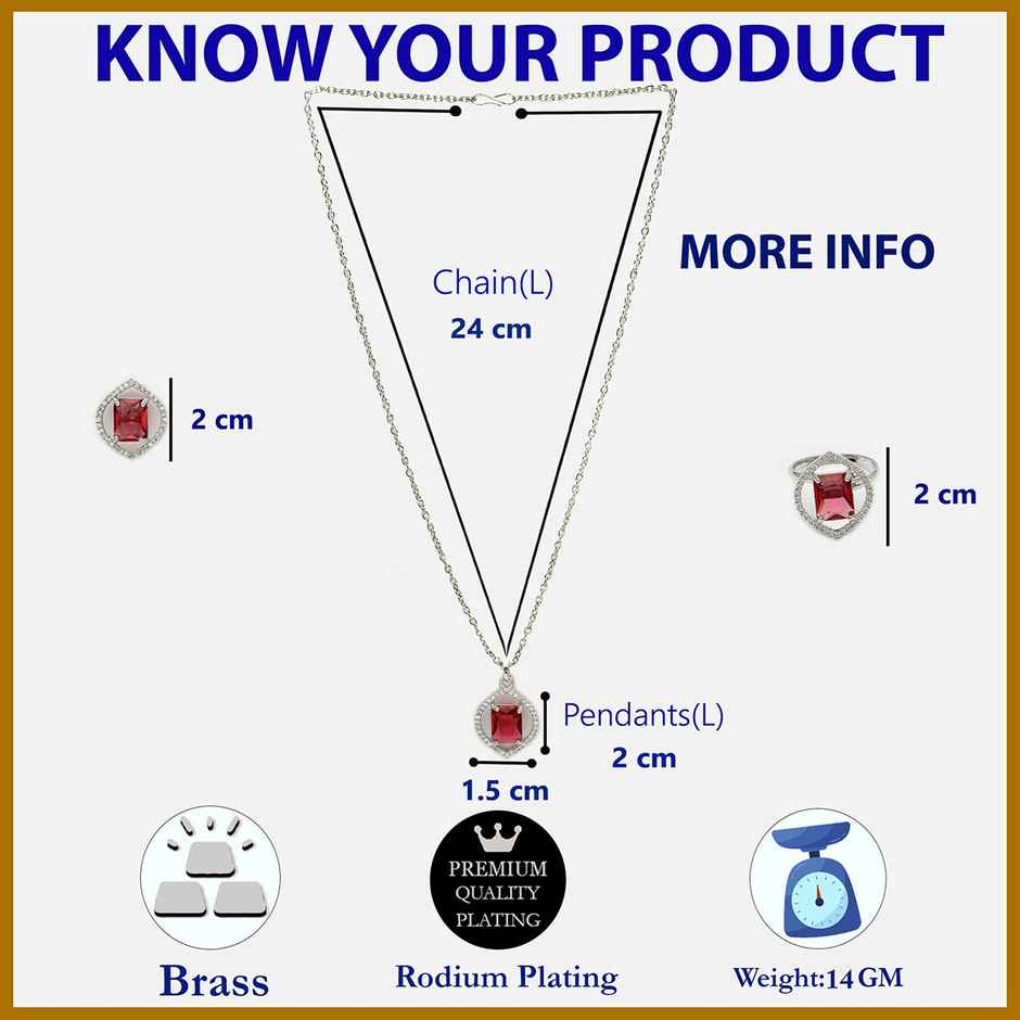 Zeneme Silver Plated AD Studded Marquise Halo Necklace and Earrings With Ring For Women & Girls