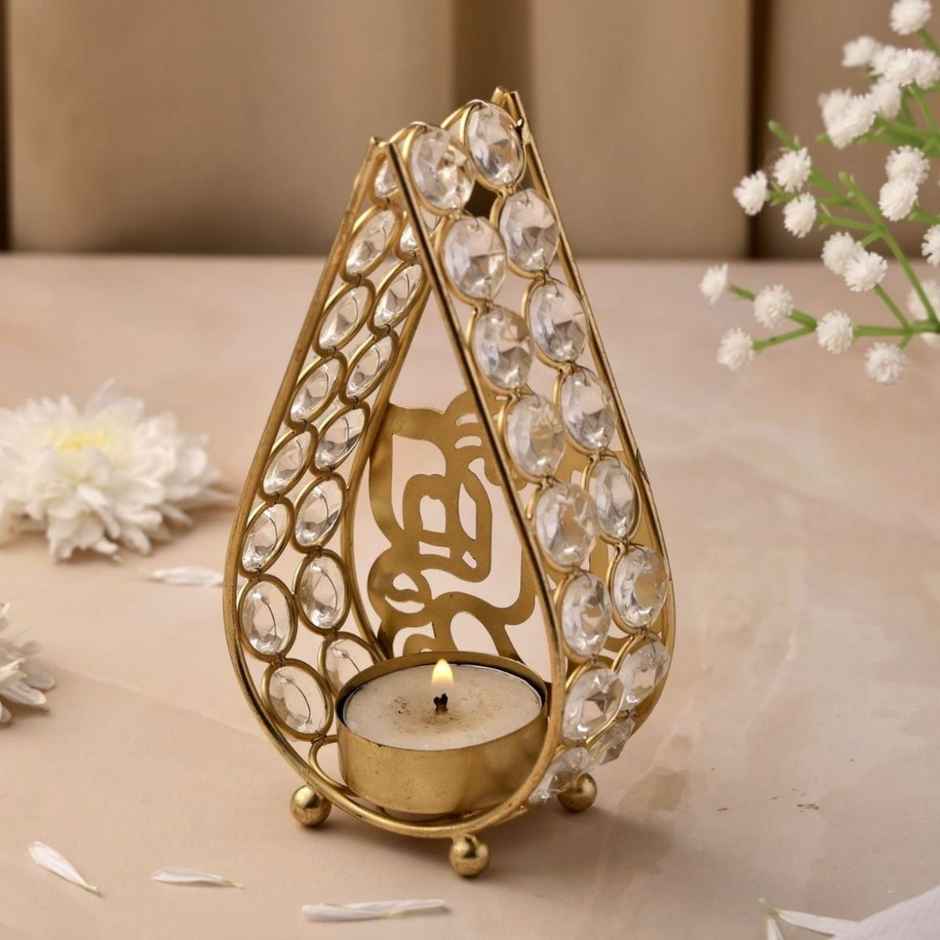 Crystal Ganesh Ji Tealight Candle Holder for Home Decor | Iron | Gold | Urban Born