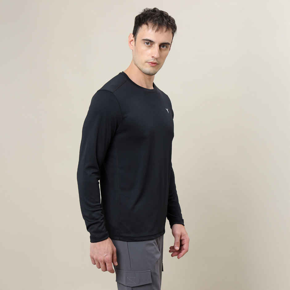 Technosport Men's Poly Solid Slim Fit Round Neck Full Sleeve Sports T-shirt | Black - M