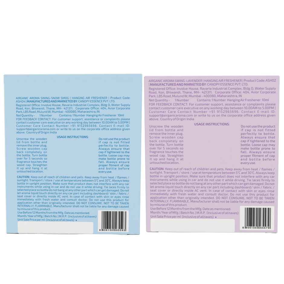 Airganic Swing Combo - Lavender & Snow Smog | Essential Oils in Glass Bottle with Wooden Lid