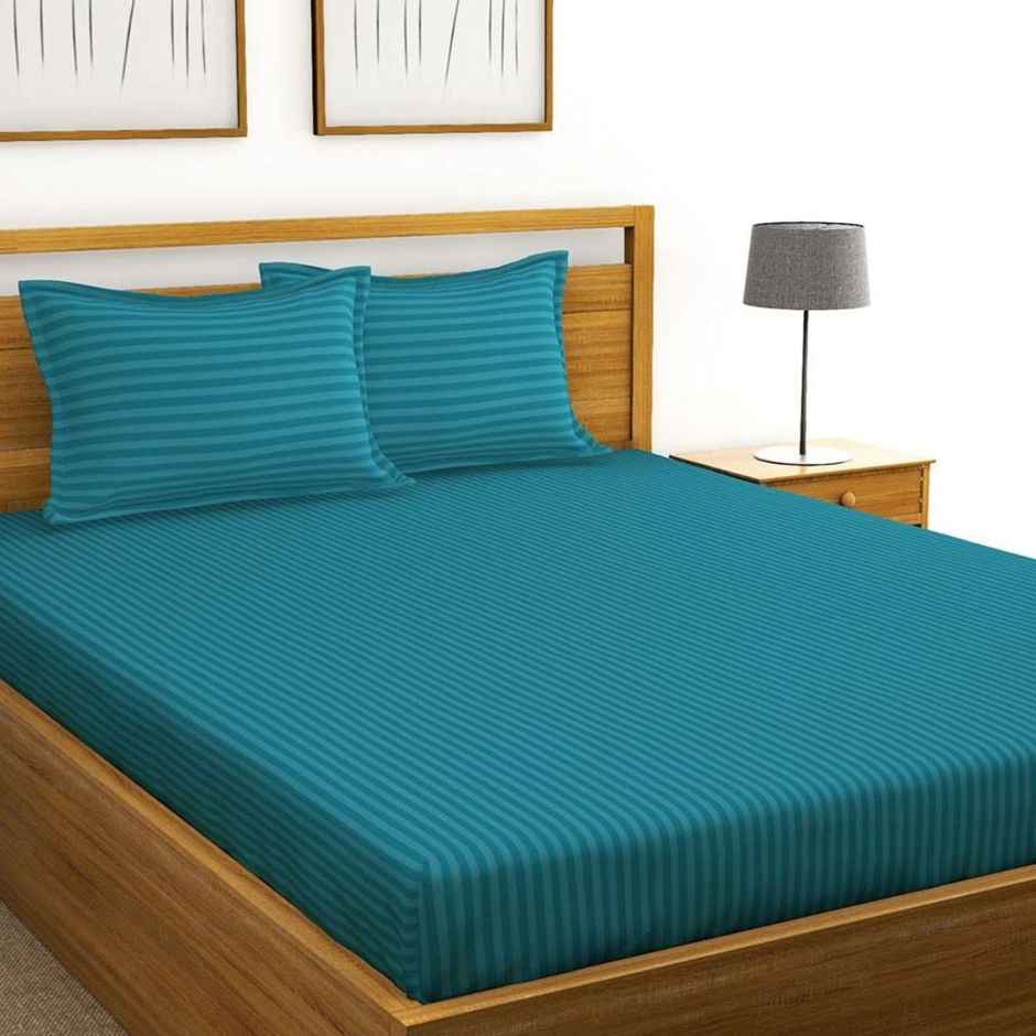 Bianca Super Soft 100% Cotton Satin Stripe Double Bedsheet With 2 Pillow Covers Stripe Souba Blue