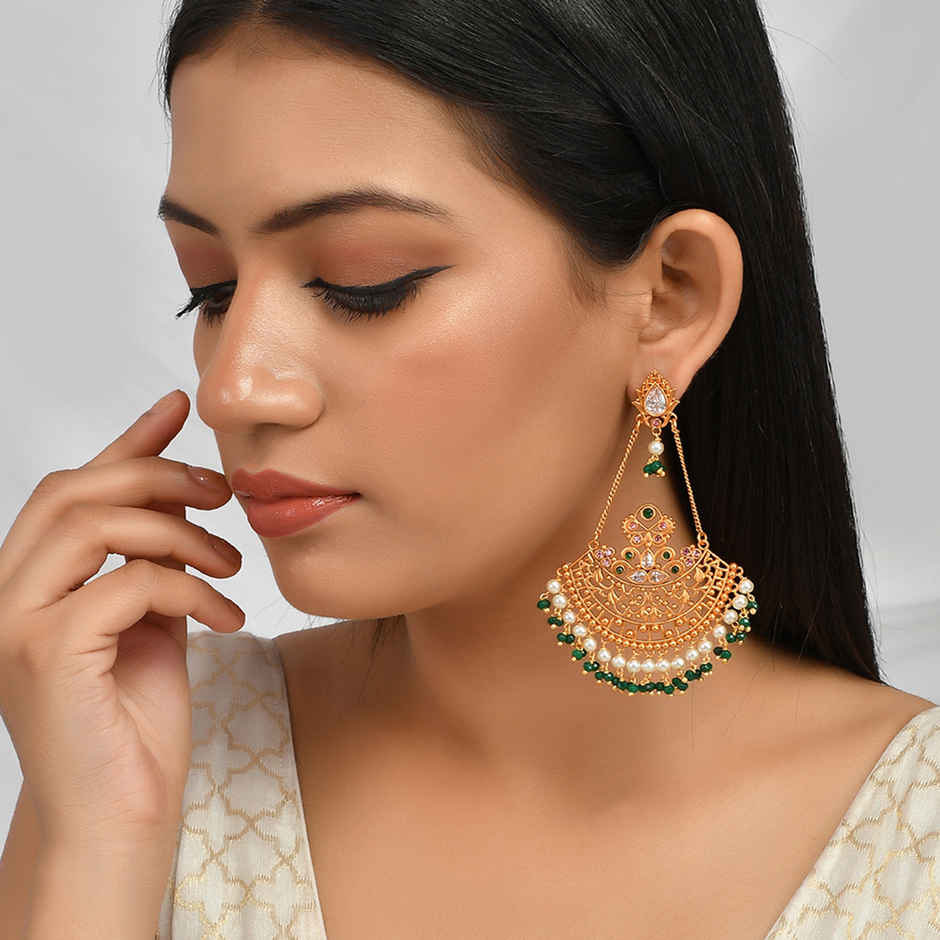 Voylla Abharan Ethnic White Pearls And Green Stones Filigree Earrings