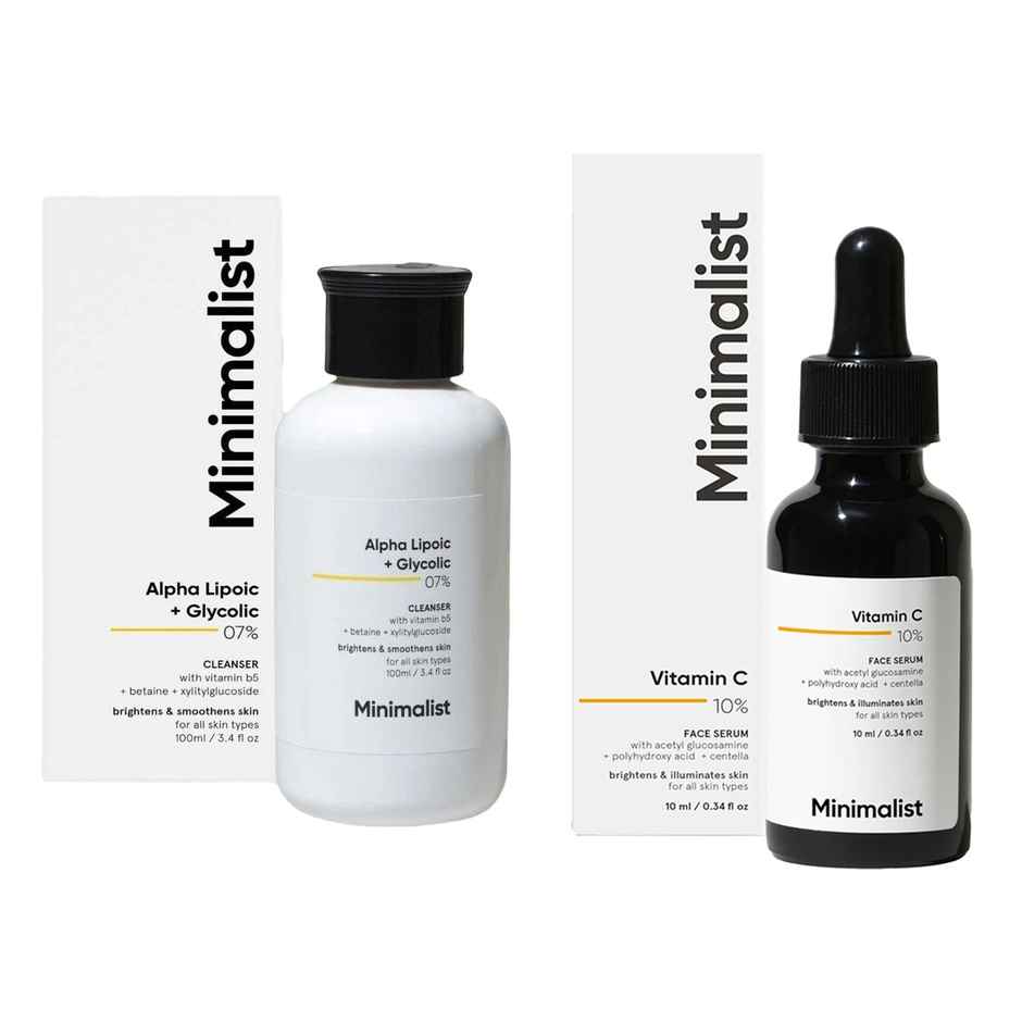 Vitamin C 10% Face Serum For For Brighter, Glowing & Healthy Looking Skin(10ml) & Minimalist Ala & Aha 7% Cleanser With Vitamin B5 Skin For Men And Women(100ml) Combo