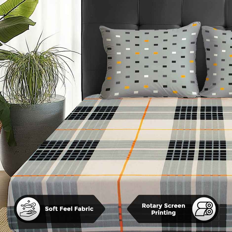 Story@home 144 TC Cotton Double Printed Flat Bedsheet (White, Grey)