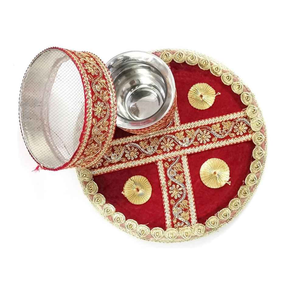 Karwa Chauth Pooja Thali Set | 12 inch | Red | Gullak