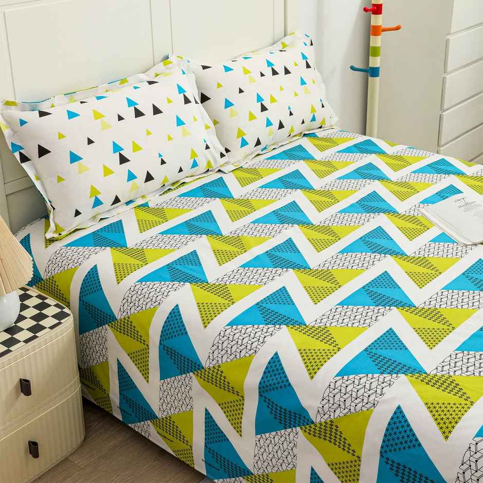Story@home 144 TC Cotton Double Abstract Flat Bedsheet (Green, White)