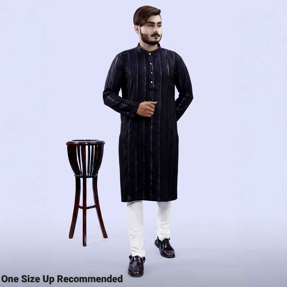 Tibra Collection Men Kurta - Black | Solid | Thin Striped | Cotton Blend | XXL