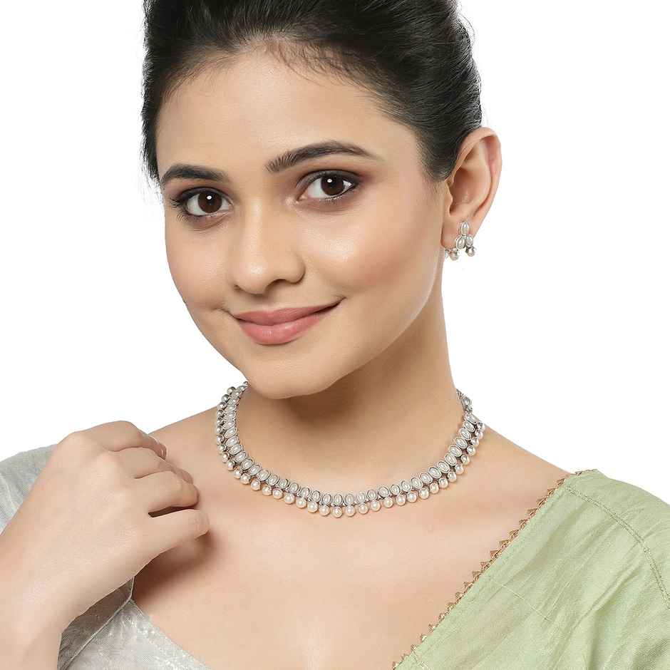 Zeneme Oxidised Silver Traditional White CZ Necklace With Earrings Jewellery For Women & Girls