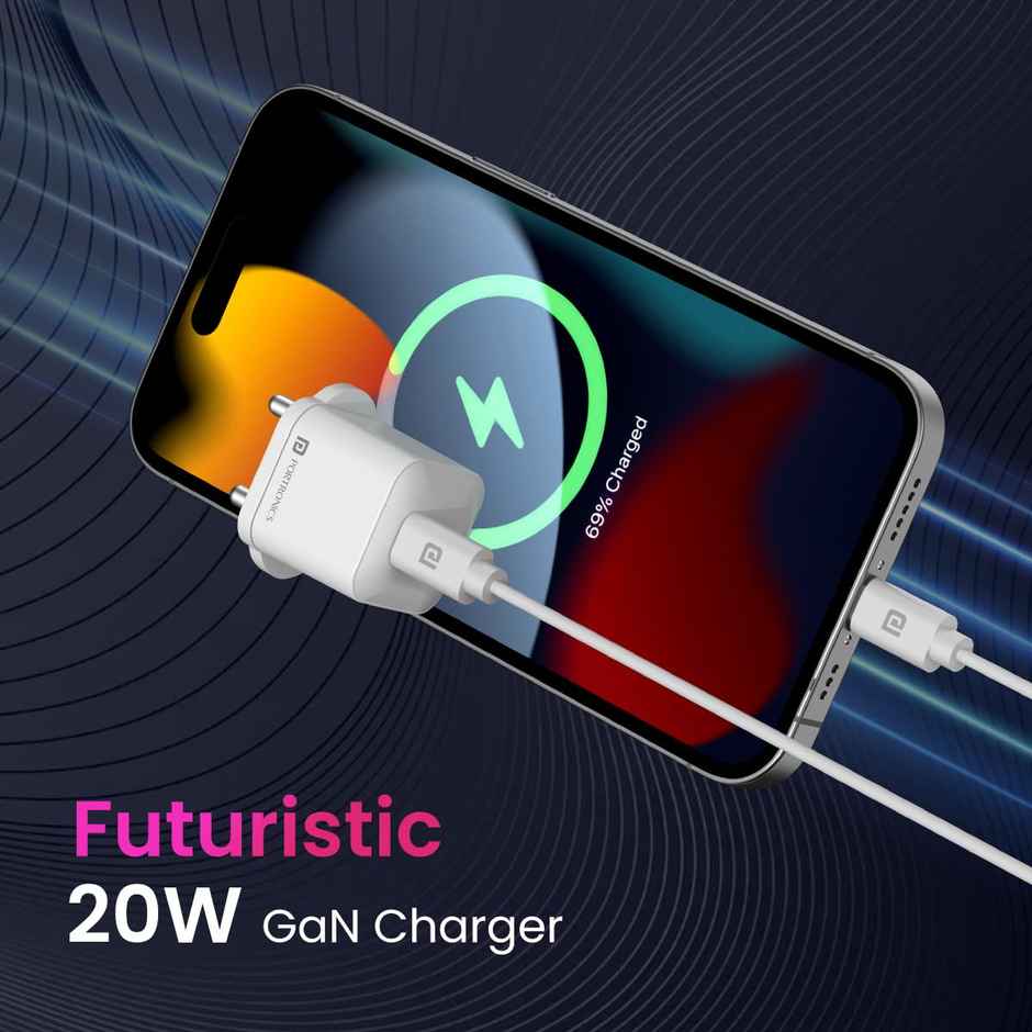 Portronics Adapto 20 Lite Smallest 20W GaN Wall Charger with Type C PD Fast Charging Output (White)