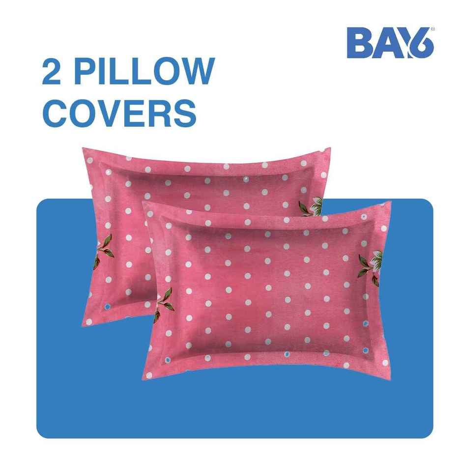 BAY6 120 GSM Dotted Print Double Bedsheet with 2 Pillow Covers | 220 x 240 cm - White and Pink