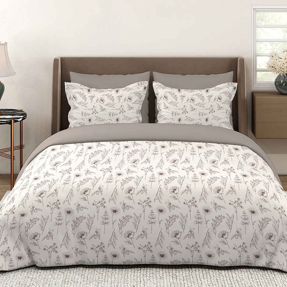 Layers Lumina Floret 100% Cotton 144 TC Grey & White King Bedsheet with 2 Pillow Covers