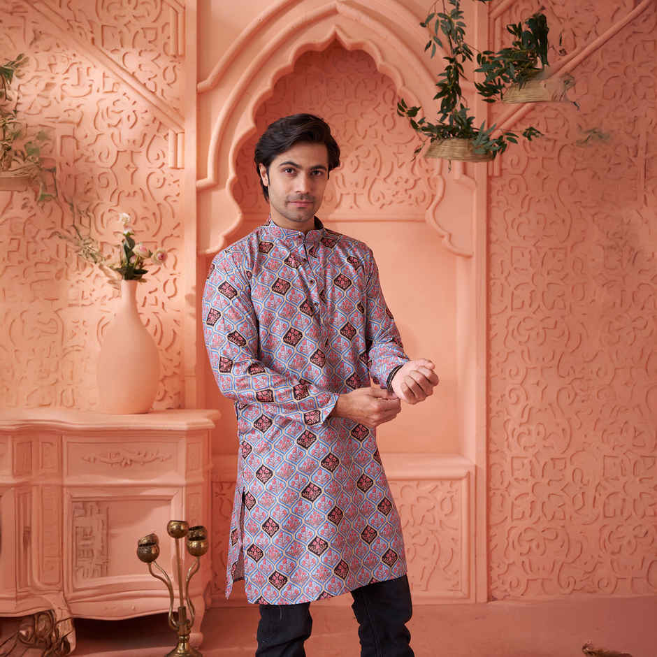 House Of Festivals Men's Printed Cotton Blend Long Kurta | Light Blue - M