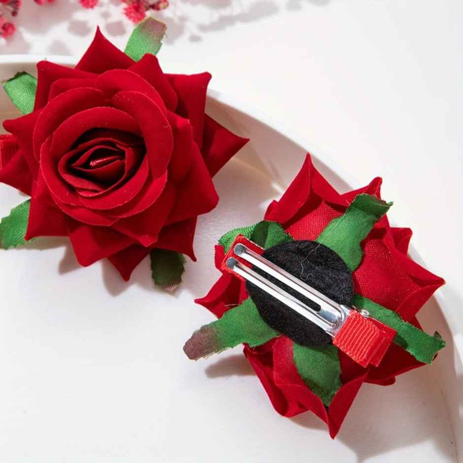 Chronex 2 Pcs Red Rose Flower Hair Clips | Non Slip Clip Hair Accessories | Red