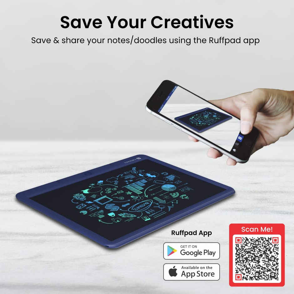 Portronics Ruffpad 15M 15Inch (38.1cm) Re-Writable Multicolor LCD Writing Pad with Smart Lock,India's first notepad to save and share your child's first creatives via Ruffpad app on your Smartphone - Blue