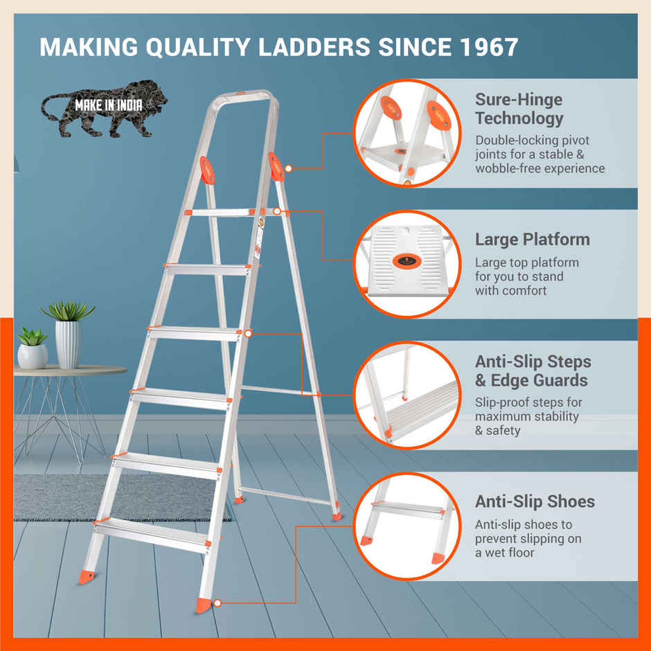 Bathla 6-Step Aluminium Foldable Ladder | Anti-Slip Heavy Duty Scratch Resistant | Advance | Orange
