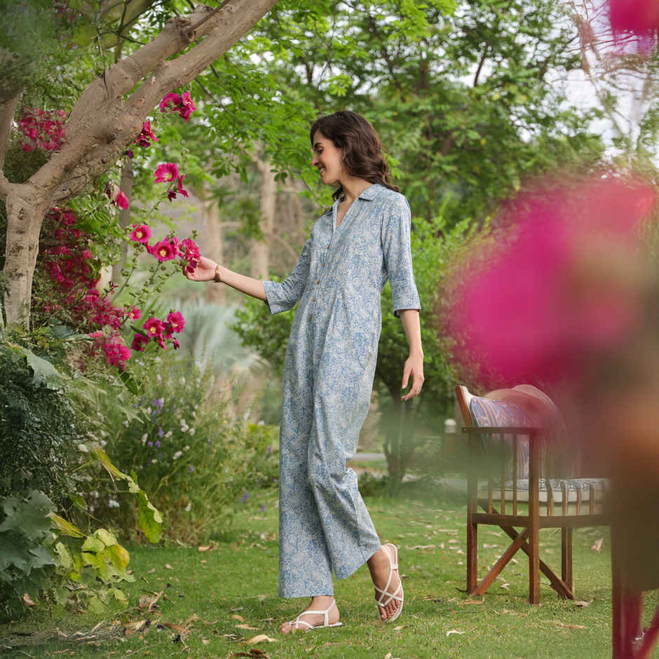 Jisora Women's Cotton Flex Jumpsuit (JS2552) | Blue - M