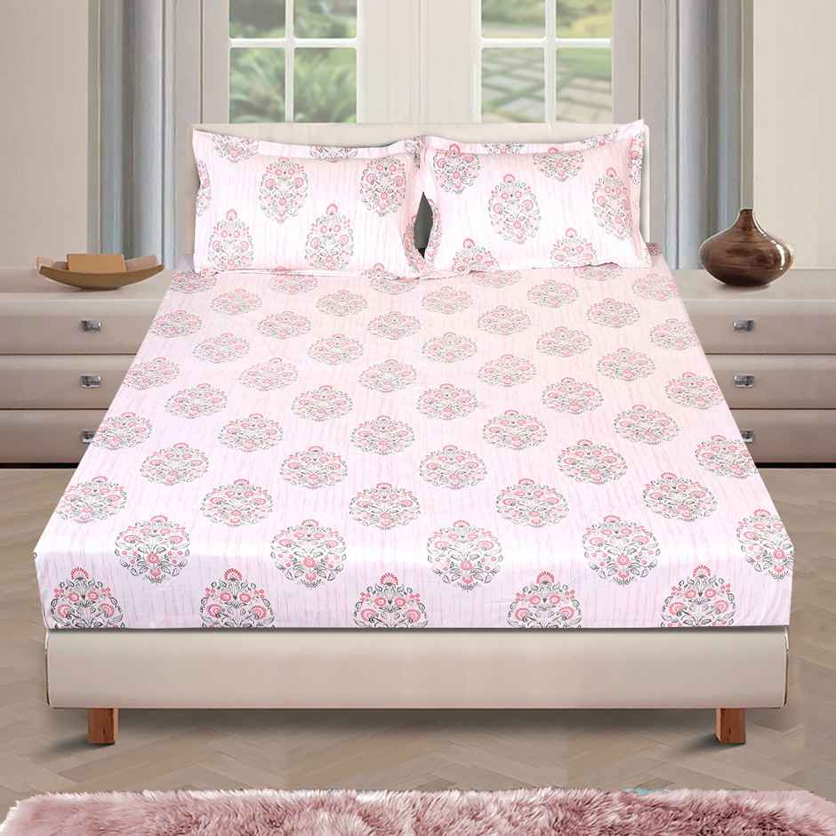 Romee Beautiful Floral Print Polycotton Double Bedsheet King Size with 186 TC - Cream and Green