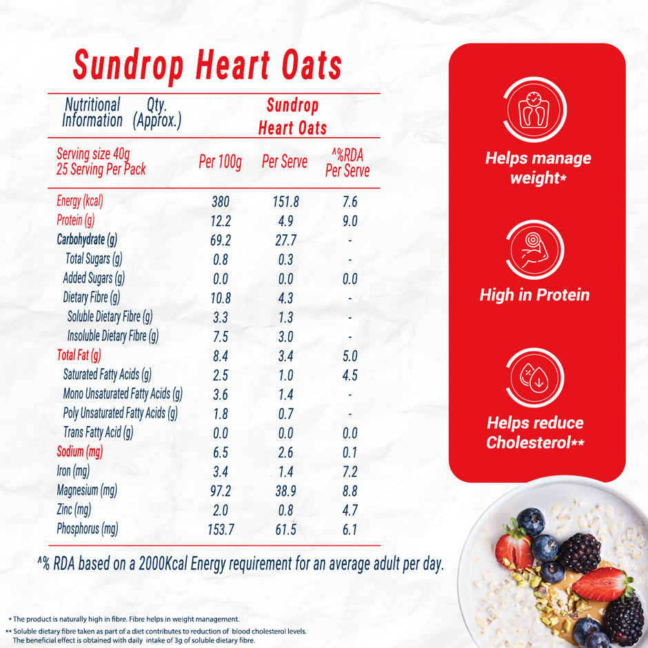 Sundrop Heart Instant Rolled Oats with 12.2% Protein, 10.8% Dietary Fibre | No Added Preservatives