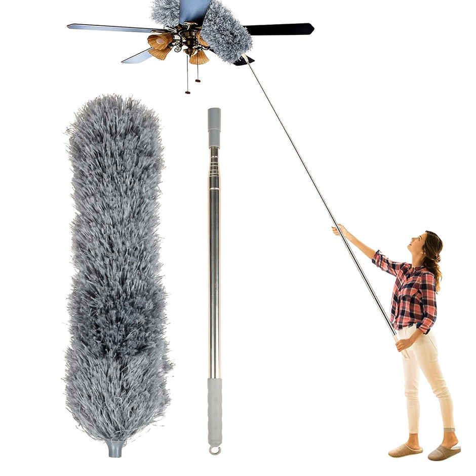 Kuber Microfiber Fan Duster with Long Rod | Household Cleaning Brush | Grey & White