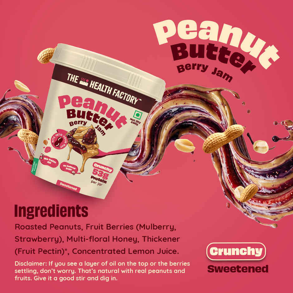The Health Factory Peanut Butter Berry Jam Crunchy Spread | 53g Protein | Sweetened with Berries & Honey | No Palm Oil