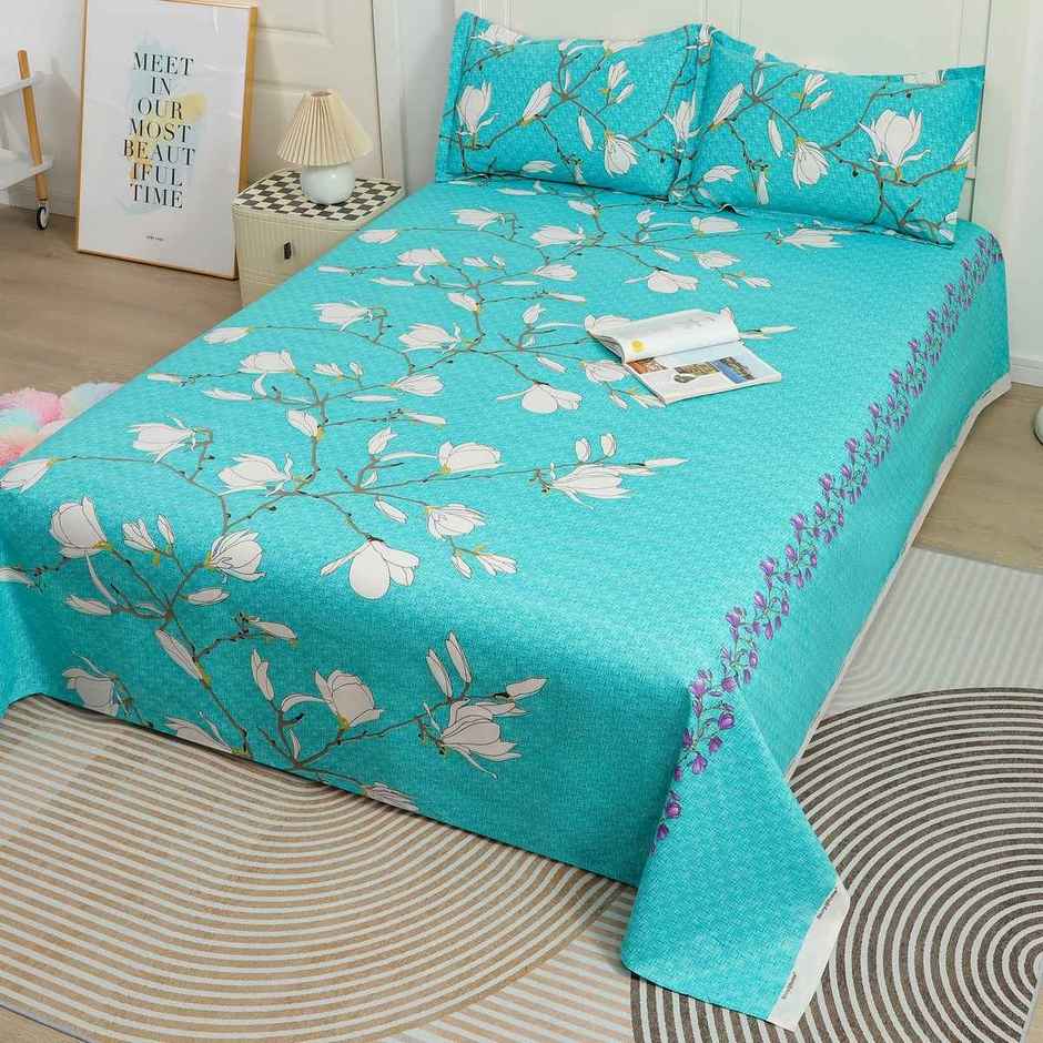 Story@home 144 TC Cotton Double Printed Flat Floral Bedsheet | Aqua Green | 98 x 89 in