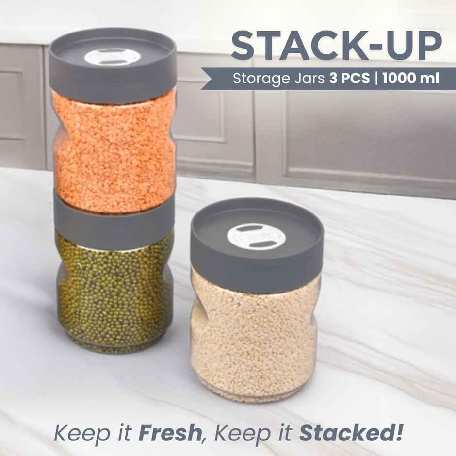 Flair Plastic Stackup Pet Jar Set Of 3 Pcs 1000 ml (Gray), Transparent