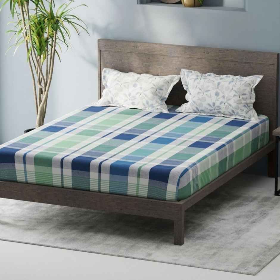 Kopa Bamboo Micro King Bedsheet With 2 Pillow Covers | Set of 3 | Santiago Checks | Mint, Blue