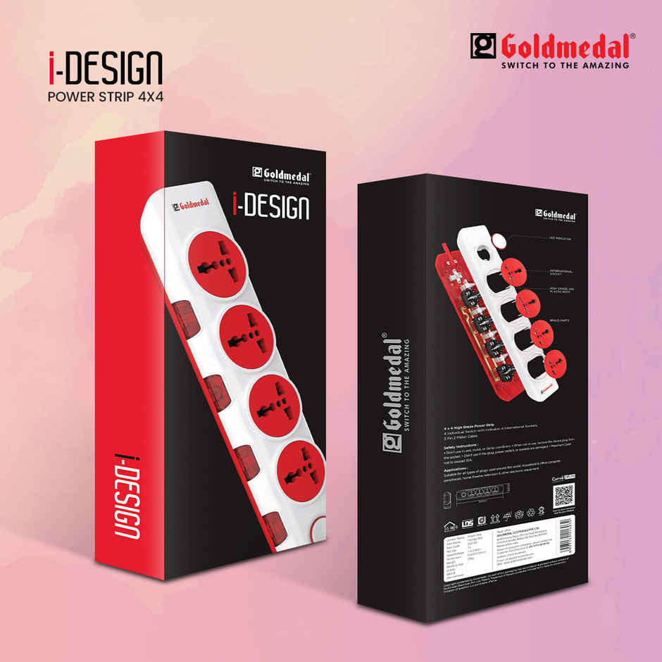 Goldmedal i-Design 4x4 Power Strip | 4 Universal Sockets | Individual Switches with Indicators | 2-Meter Extension Cord