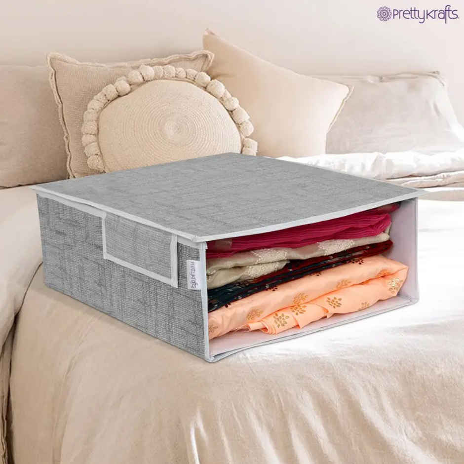 PrettyKrafts Stackable Saree Organizer Box - Grey Fabric Storage with Lid & Clear Window