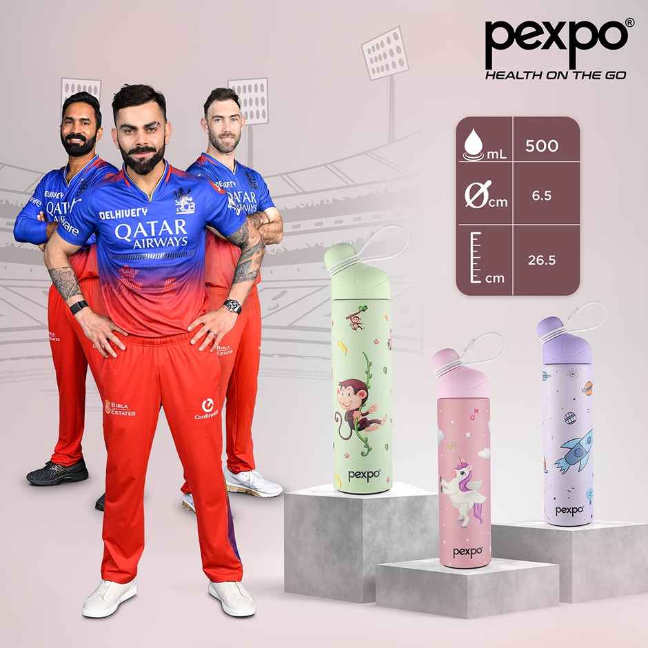 Pexpo Stainless Steel Pico Cute Sipper Hot & Cold Water Bottle | Unicorn UV Printed | Pink | 500 ml