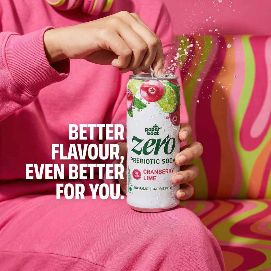 Paper Boat Zero Prebiotic Soda Cranberry Lime, 5g Fibre, Caffeinated Sugar Free Cold Drink