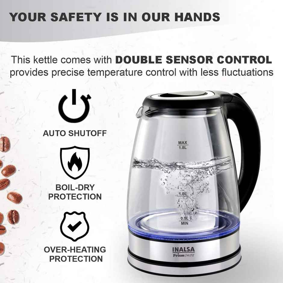 INALSA Electric Kettle for Hot Water,Prism Inox 1.8 L Capacity,LED Illumination & Boro-Silicate Body