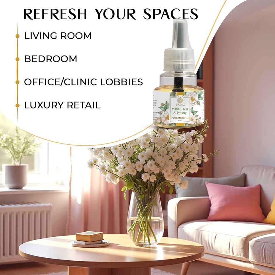 Ekam White Tea & Peony Scented Plug In Air Freshener Kit | 1 x Machine + 1 x Refill Bottle