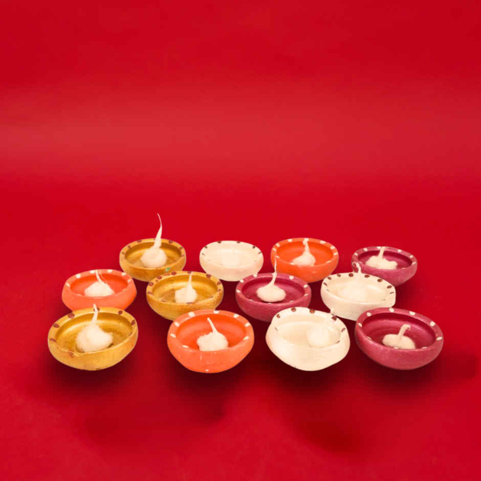 Pooja Special Earthen Diyas | Floral Design | Pack Of 12 | Designer Clay Diya| Mitti Diya-Pooja | Walton