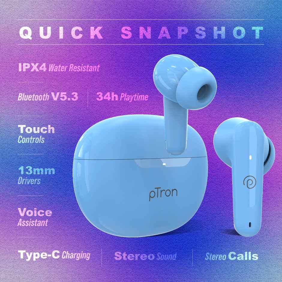 pTron Bassbuds Astra TWS Earbuds | 34H Playtime | Clear Calls | Immersive Sound & Voice Assist - Light Blue